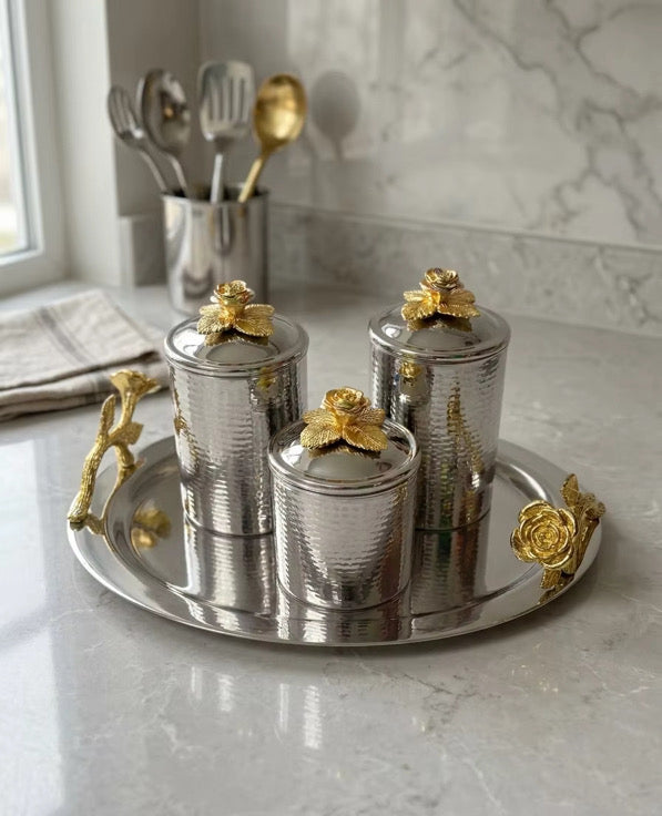 Complete canister set gold rose with silver hammered effect