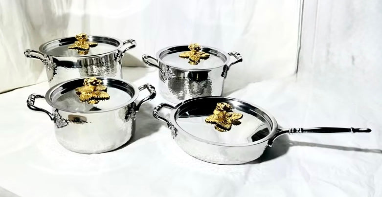 Premium handcrafted stainless steel saucepans and pan set of 4 with beautiful rose lids.
