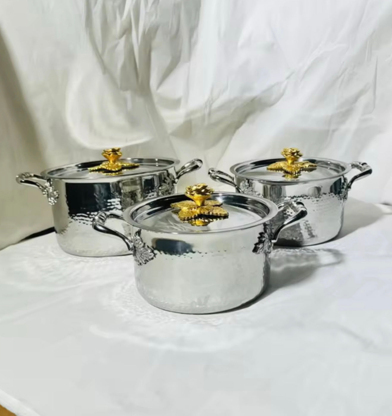 Premium handcrafted stainless steel saucepans and pan set of 4 with beautiful rose lids.