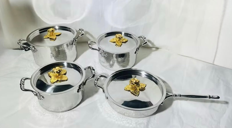 Premium handcrafted stainless steel saucepans and pan set of 4 with beautiful rose lids.