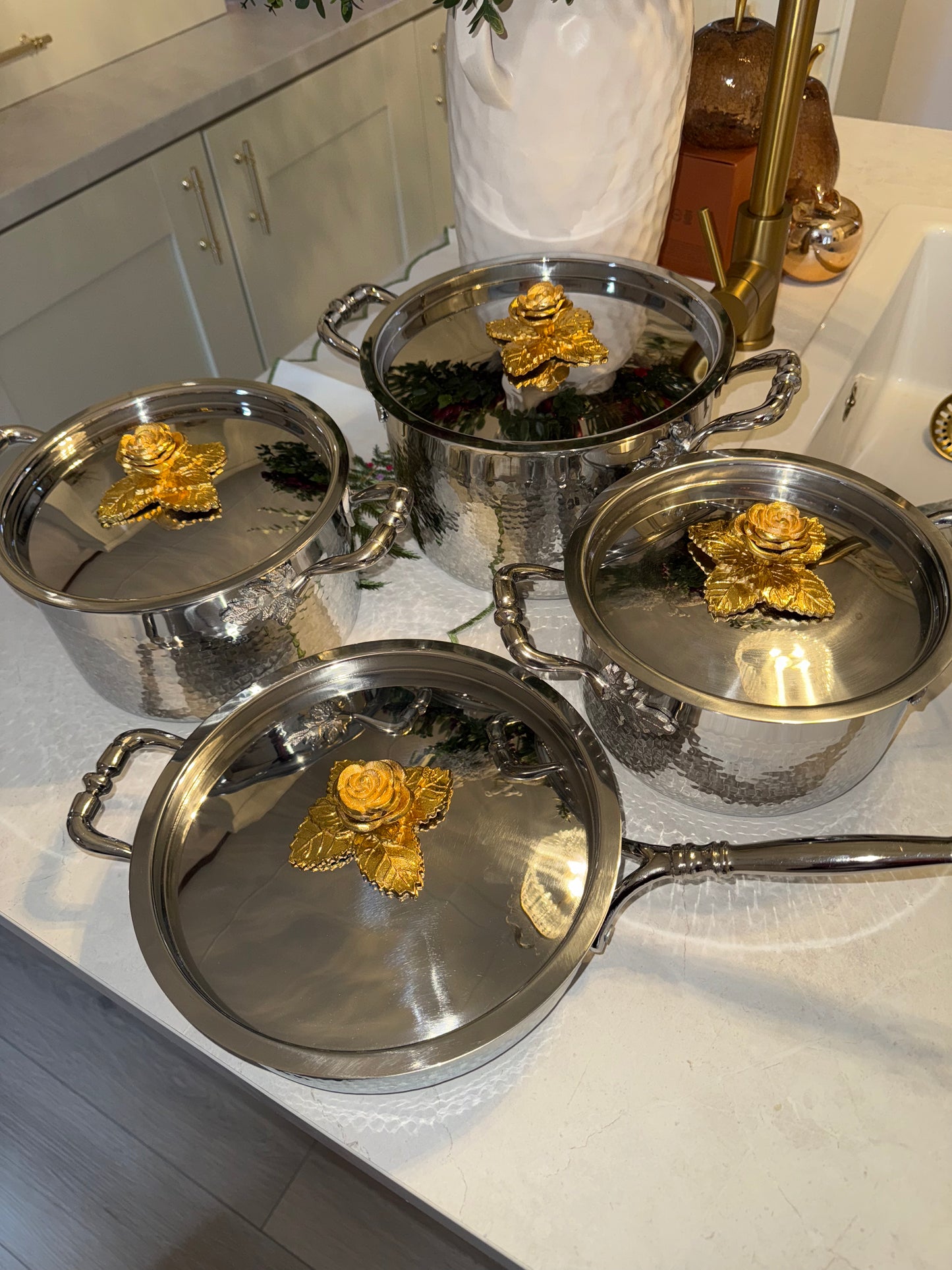 Premium handcrafted stainless steel saucepans and pan set of 4 with beautiful rose lids.