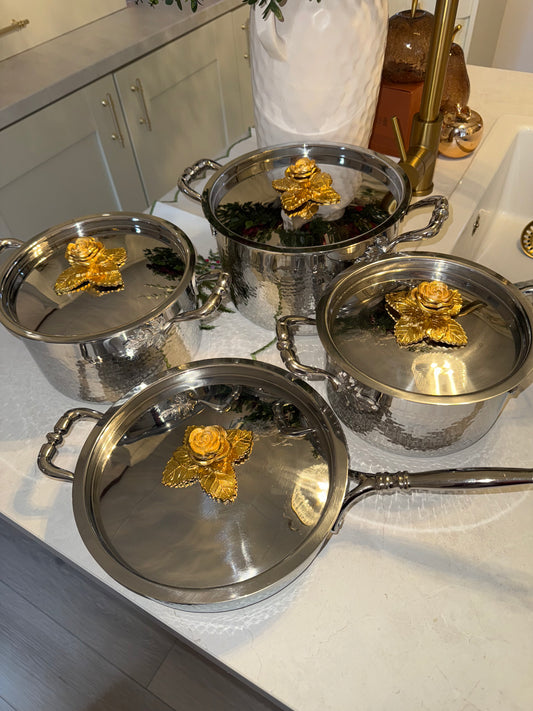 Premium handcrafted stainless steel saucepans and pan set of 4 with beautiful rose lids.
