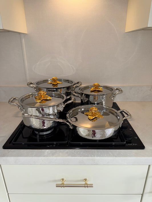 Premium handcrafted stainless steel saucepans and pan set of 4 with beautiful rose lids.
